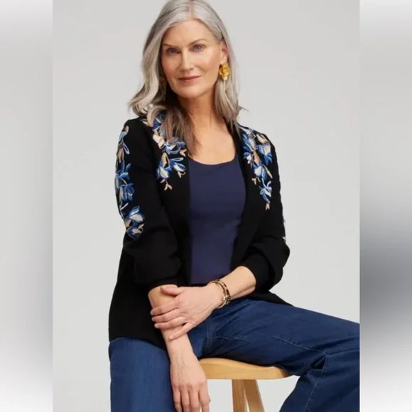 Chicos Black Cardigan With Blue And Gold Embroidered Details Size 1 - Picture 2 of 6